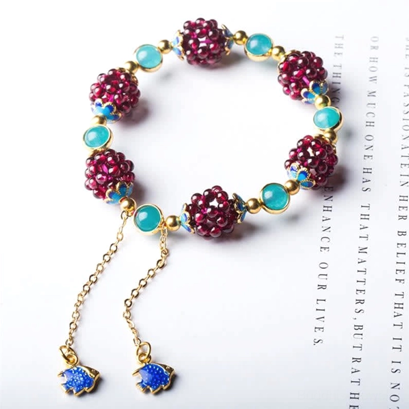 Garnet amethyst Buddhist healing bracelet in teal style with natural gemstone beads and protective enamel charms