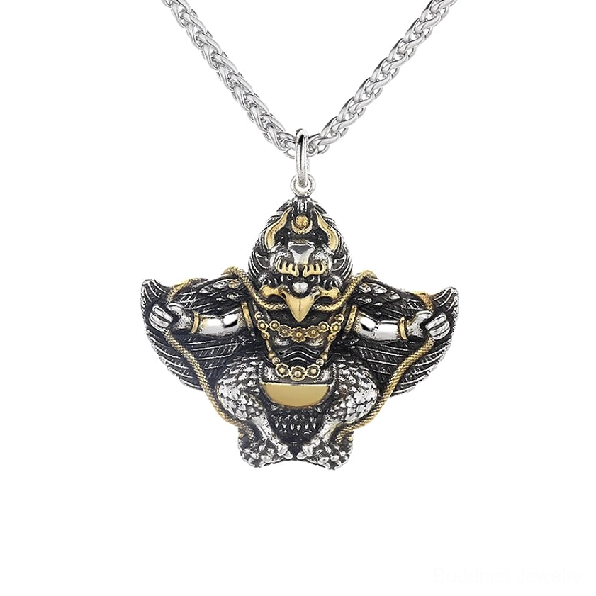 Two-tone Garuda pattern copper pendant with wheat link necklace chain flat lay