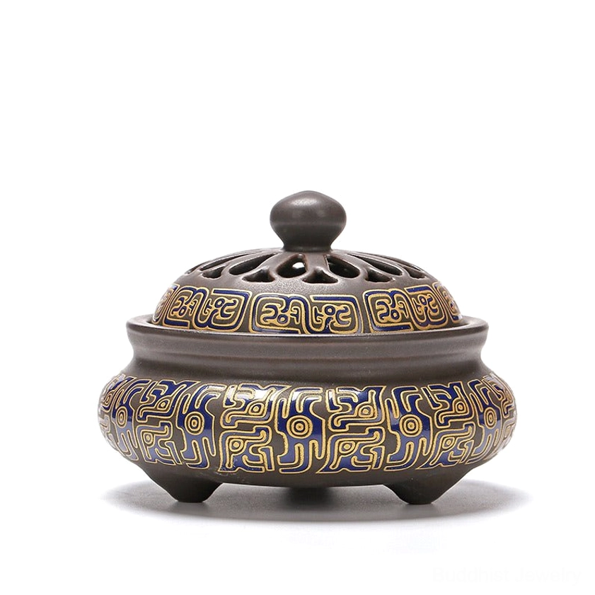 Dark brown ceramic incense burner with blue and gold geometric ancient patterns, hollow carved lid, three-footed stable base