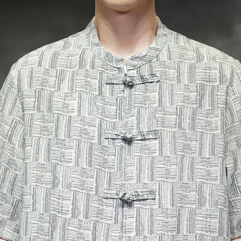 Men's geometric print mandarin collar set - authentic Chinese style casual wear