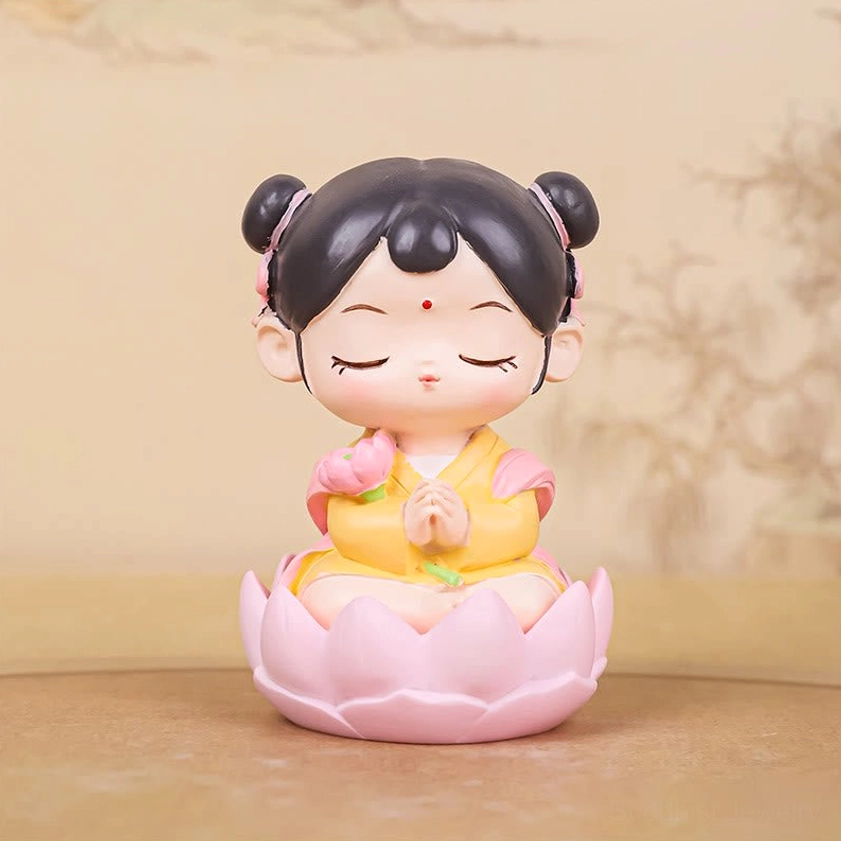 Girl Lotus attendant figure 4.1cm on pink lotus seat handcrafted meditation companion piece