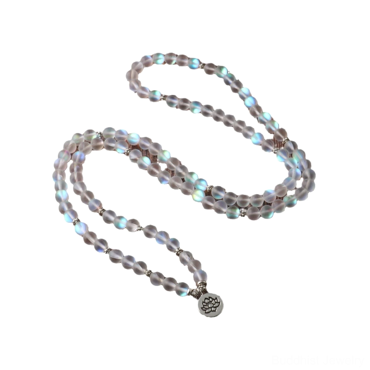 108 mala prayer bead bracelet with darker iridescent beads, silver hardware and lotus pendant on pure white background