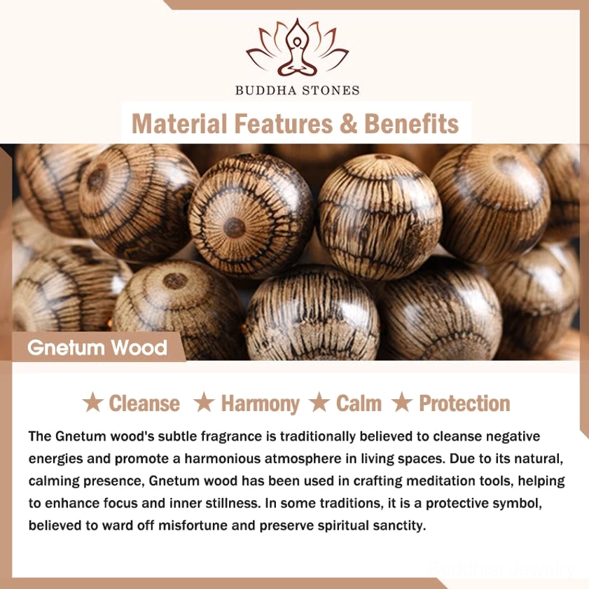 Gnetum wood benefits guide showing cleansing, calming, and protective properties of Buddhist meditation bracelet material