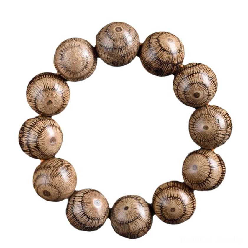 Gnetum wood beaded bracelet displaying warm brown tone with subtle radial grain pattern under studio lighting