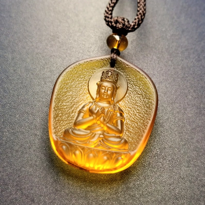 Goat and Monkey Zodiac Tathagata Buddha Liuli Crystal Pendant - Haloed Buddha with Clasped Hands Embossment