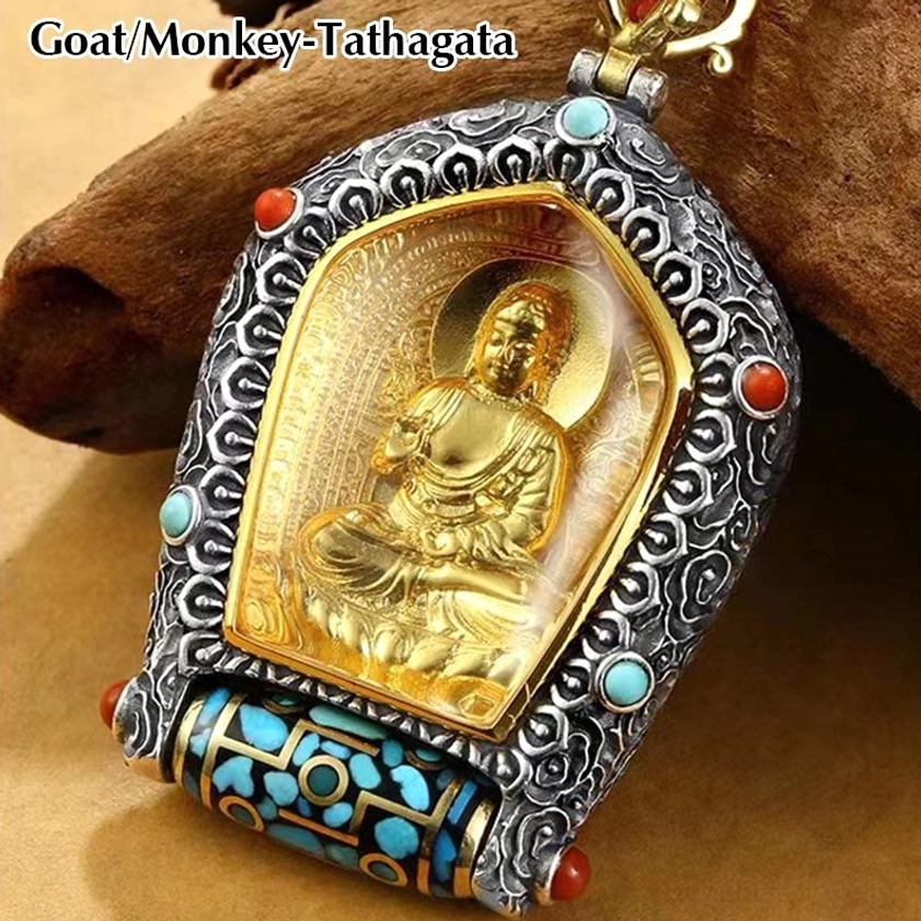 Goat and Monkey Tathagata Buddha Natal Buddha pendant handmade with aged silver frame and inlaid turquoise and coral gemstones