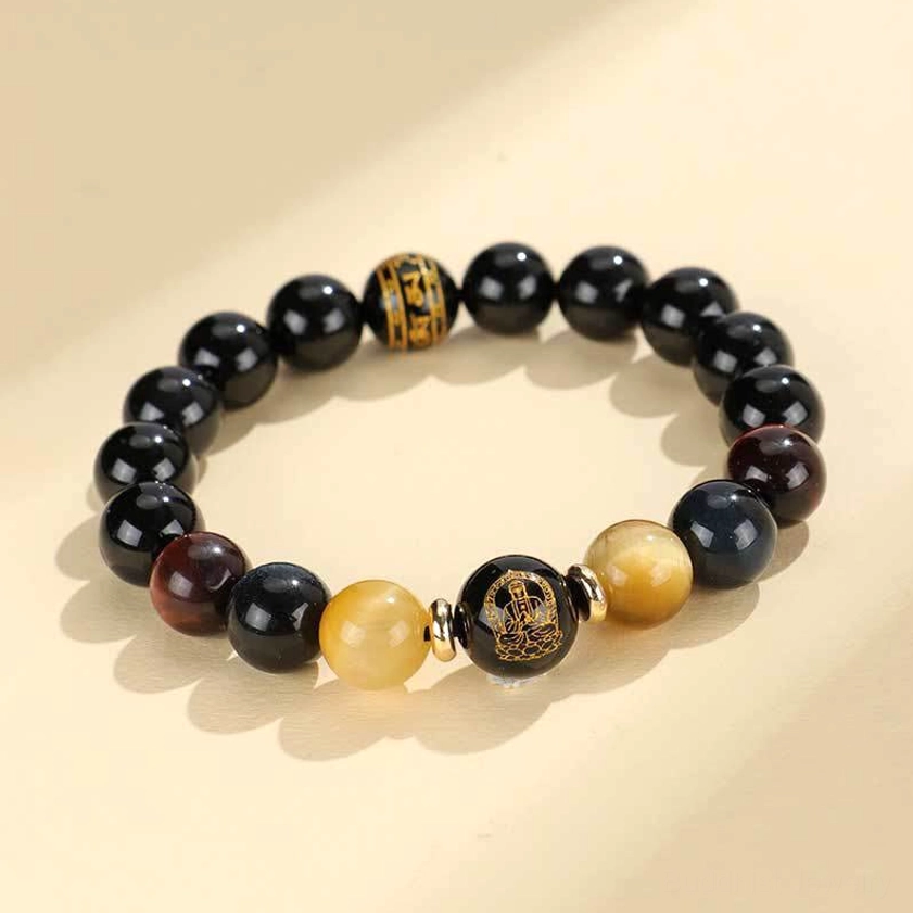 Goat and monkey zodiac natal Buddha variant of black onyx tiger eye Buddhist protection bracelet