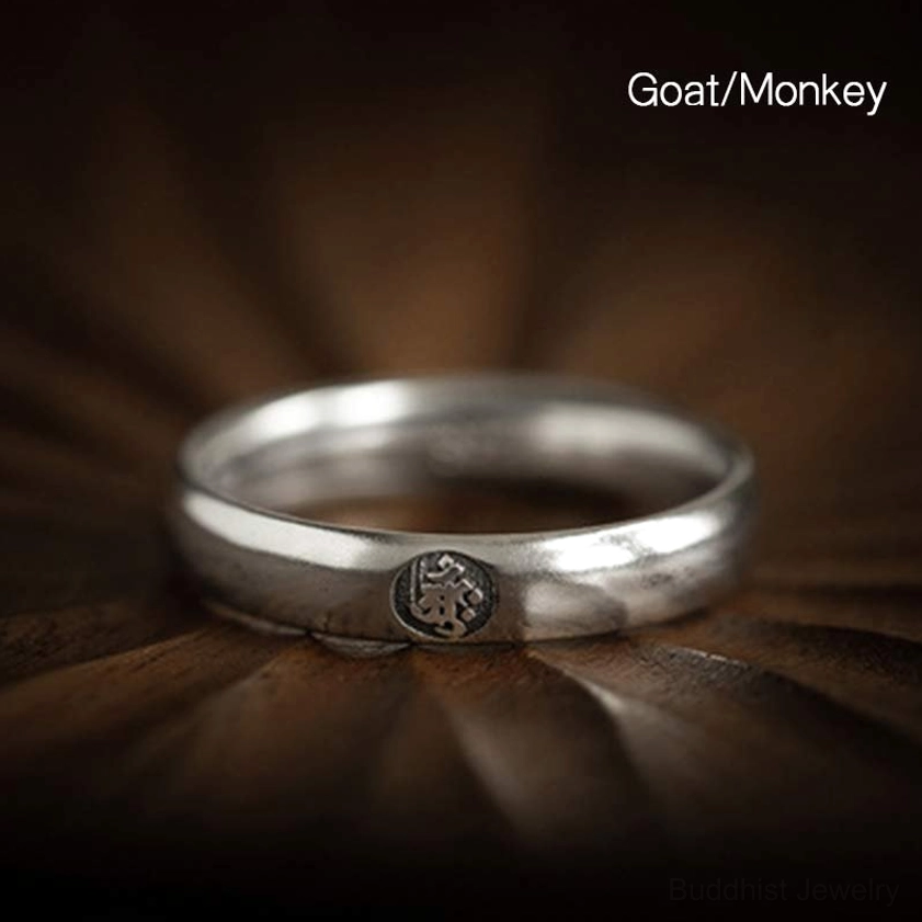 Goat and Monkey zodiac natal buddha 925 sterling silver couple rings, matching pair