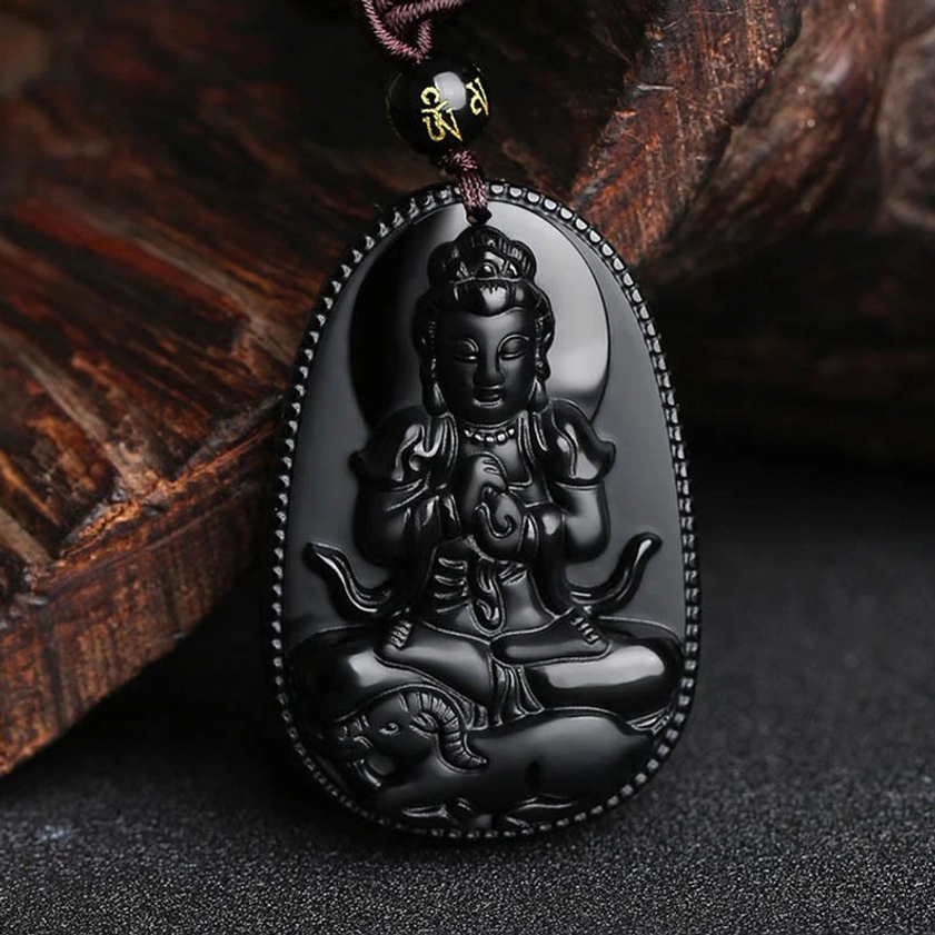 Goat zodiac Tathagata Buddha black obsidian gentle guardian protection necklace