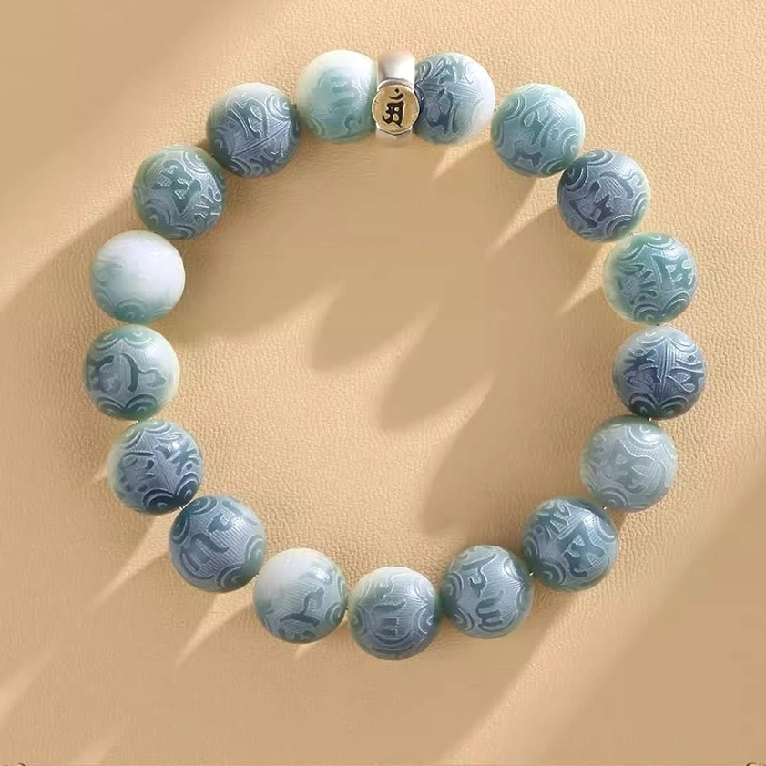 Goat zodiac natal Buddha bracelet with Tathagata Buddha charm and engraved spiritual beads