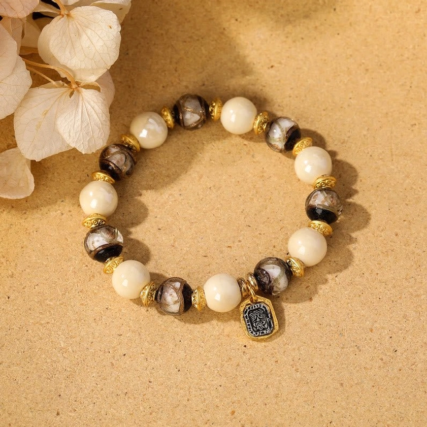 Beige porcelain with white liuli glass bead Goddess of Wealth spiritual bracelet