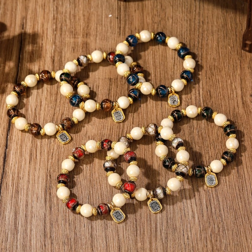 White porcelain with blue liuli glass bead Goddess of Wealth Buddhist bracelet for clarity and wealth