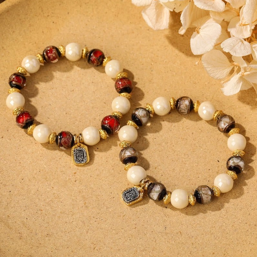 White porcelain with brown liuli glass bead Goddess of Wealth charm bracelet handmade