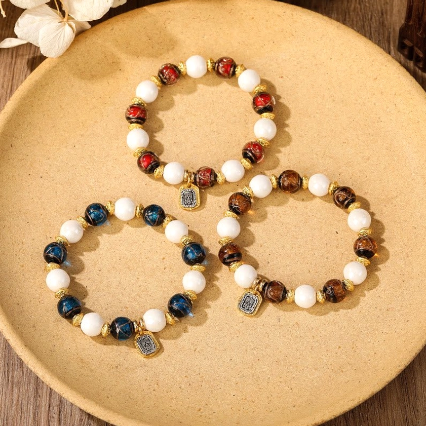 White porcelain with multicolored liuli glass bead Goddess of Wealth spiritual prosperity bracelet