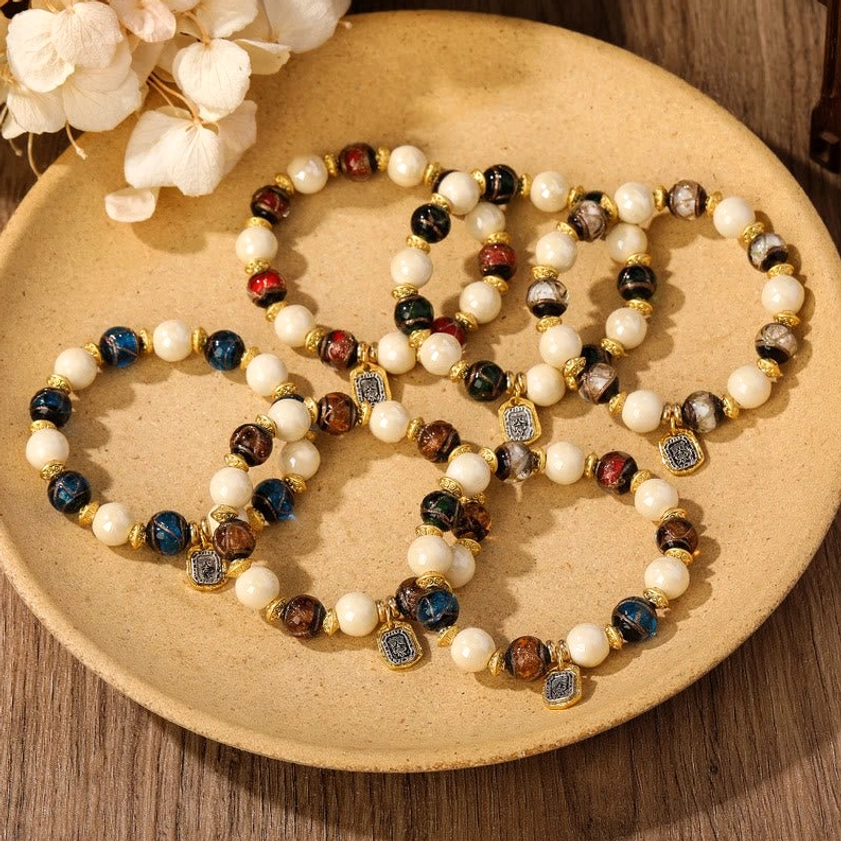 White porcelain with white liuli glass bead Goddess of Wealth bracelet pure protection style
