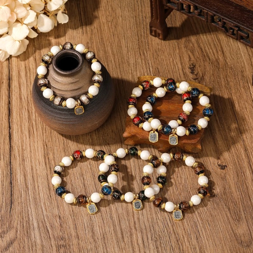 Handmade Goddess of Wealth incense ash porcelain and liuli glass bead bracelet for meditation and spiritual practice