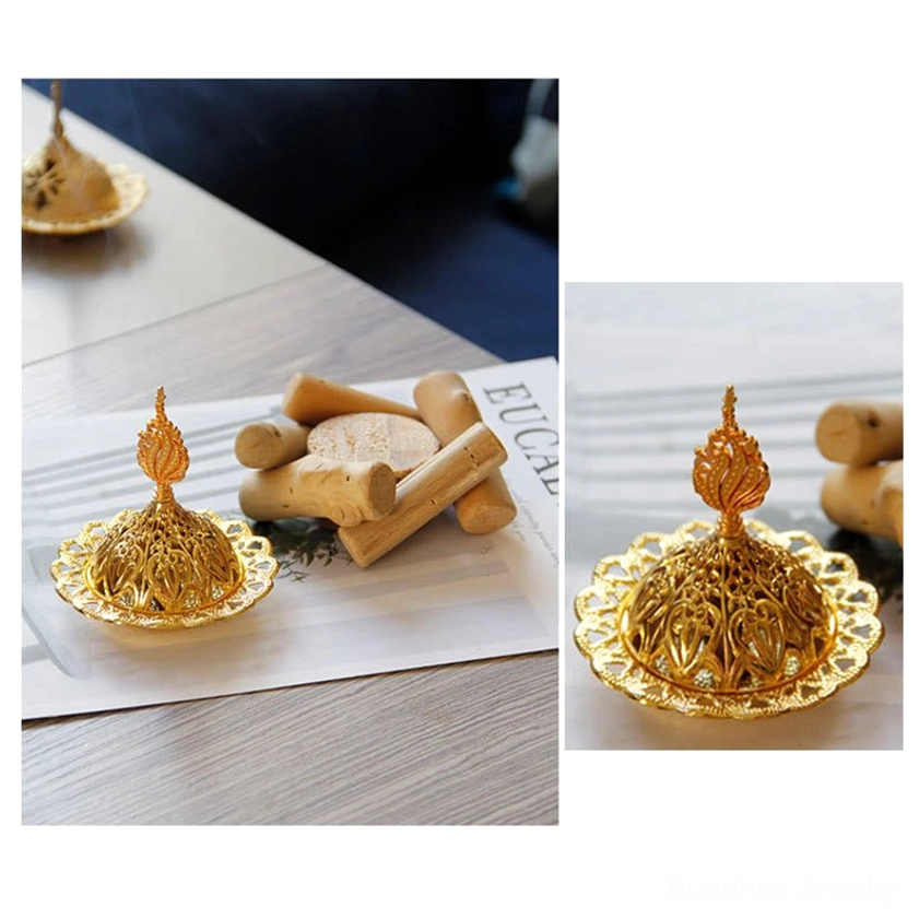 Gold Buddhist incense burner with wooden coaster packaging and presentation - product lifestyle photography