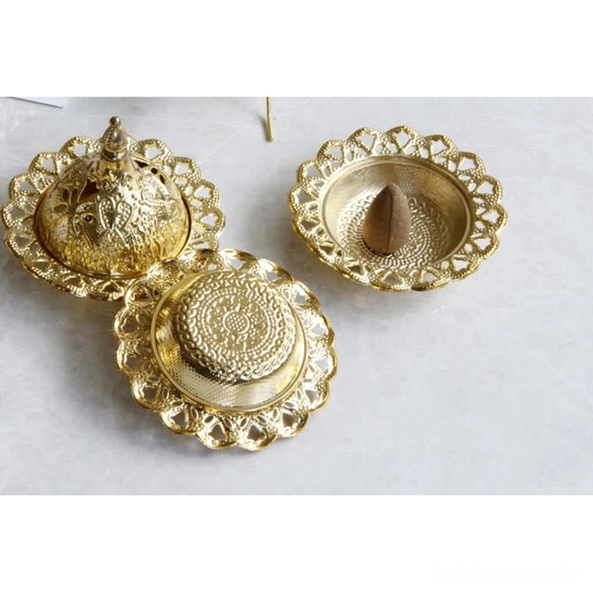Gold meditation incense burner set showing multiple burners arranged together for spiritual practice setup