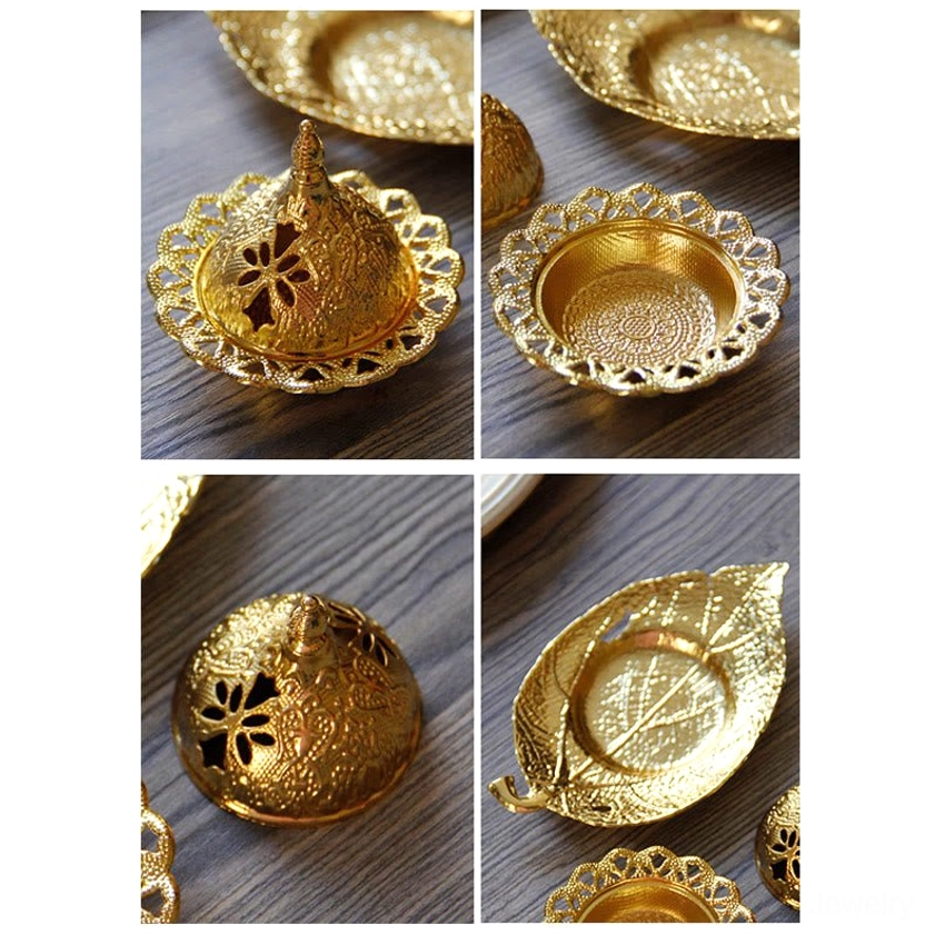 Gold incense burner coaster product display showing full assembly and metal finish quality