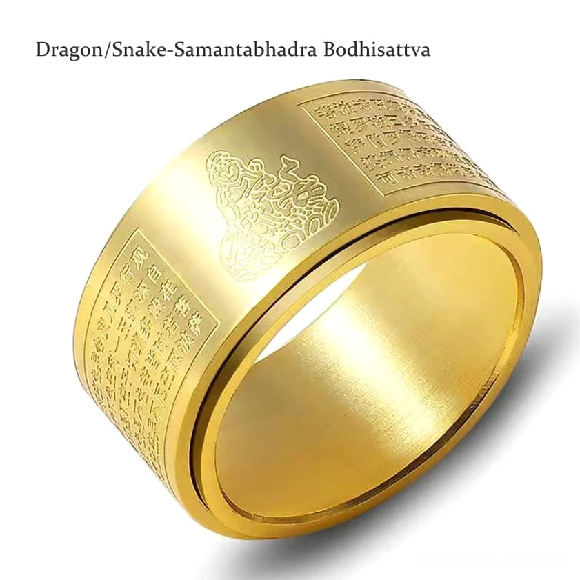 Gold dragon snake natal buddha rotating ring with heart sutra engraving
