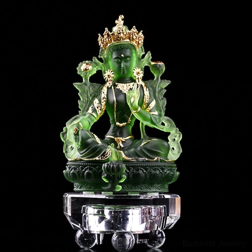 Gold-accented Green Tara Buddha statue small size 8x6x12.8cm with ornamental base, luxury handcrafted collection piece