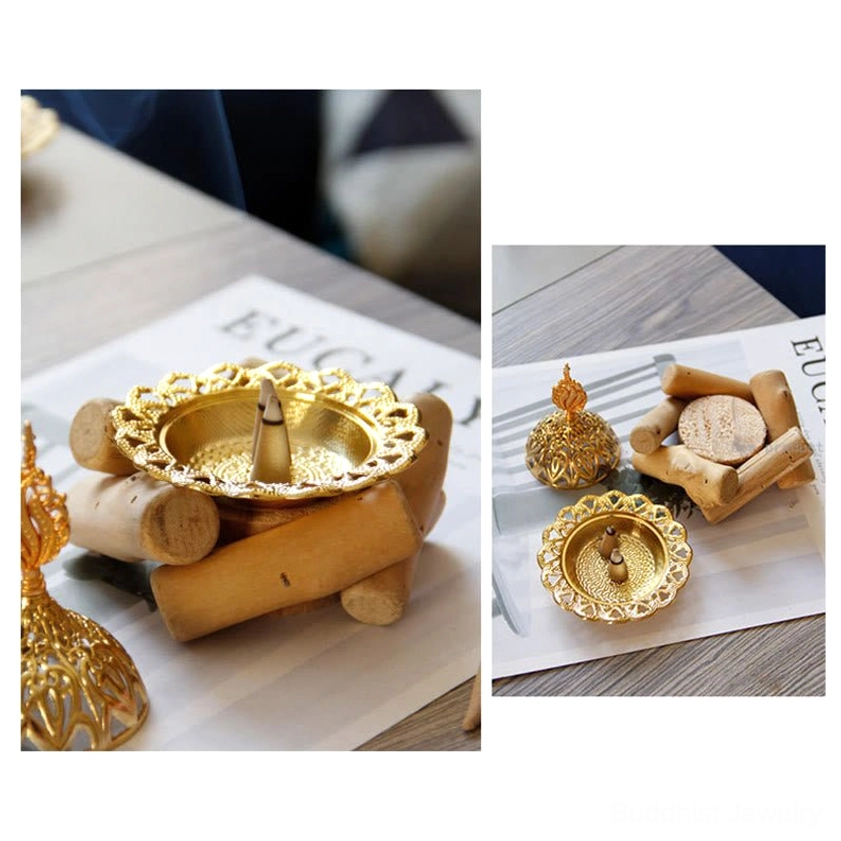 Complete gold incense burner meditation set with lid, tray, wooden base and small incense cones - mini top view