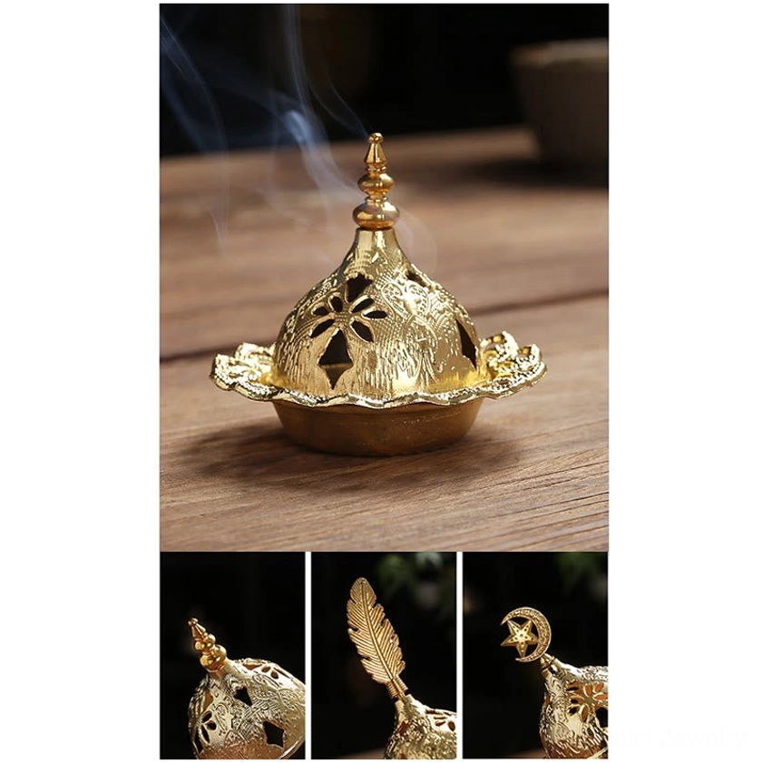 Gold incense burner with three removable finial styles comparison and hollow carved body details