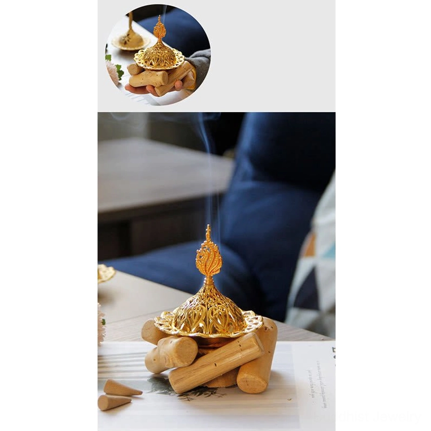 Buddhist incense burner in home office desk setup promoting focus and mindfulness - workspace setting