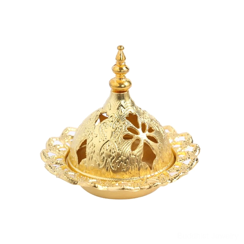 Gold brass incense burner with smooth plating and floral hollow lid on white background