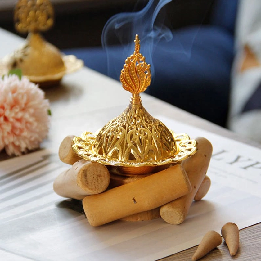 Natural wood coaster protective base for gold incense burner - furniture protection detail