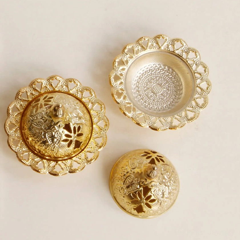 Close-up top view of gold incense burner components showing hollowed floral-patterned rim and embossed tray details