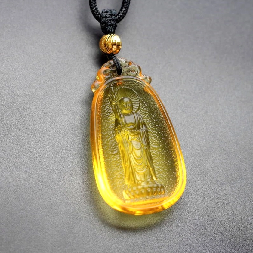 Gold Ksitigarbha Bodhisattva Liuli crystal pendant necklace, handcrafted Buddhist amulet for protection