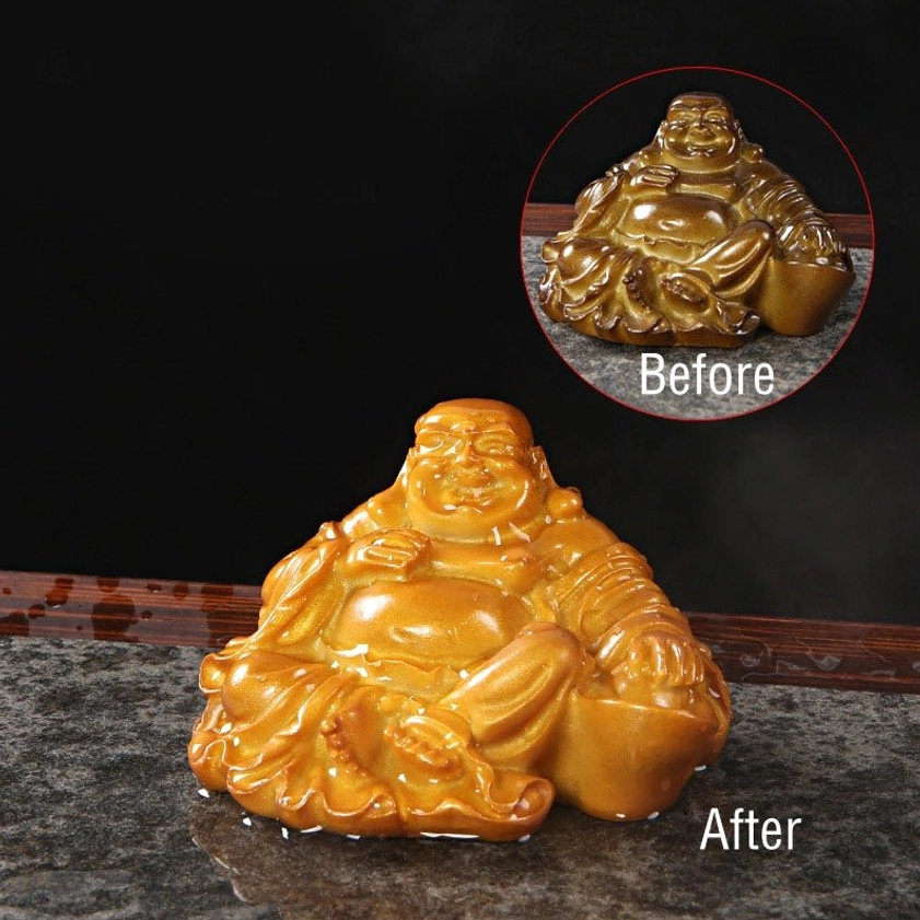 Gold laughing Buddha color-changing resin tea pet for prosperity, luck, and spiritual mindfulness practice