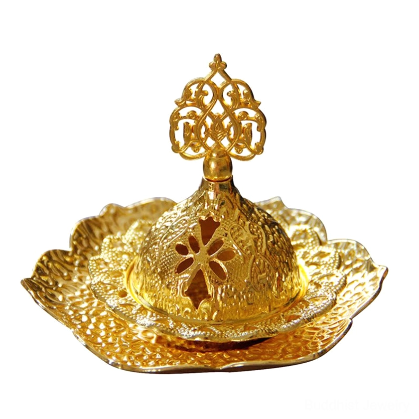 Gold leaf coated Buddhist incense holder with removable tray and hollow carved lid design