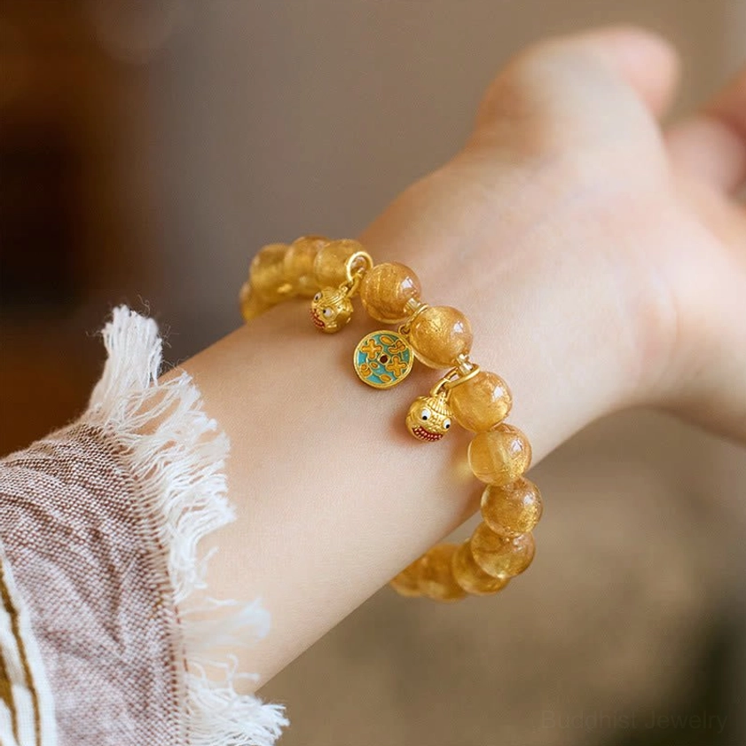 Gold liuli glass bead Buddhist wisdom bracelet with golden pixiu charm for enlightenment and prosperity
