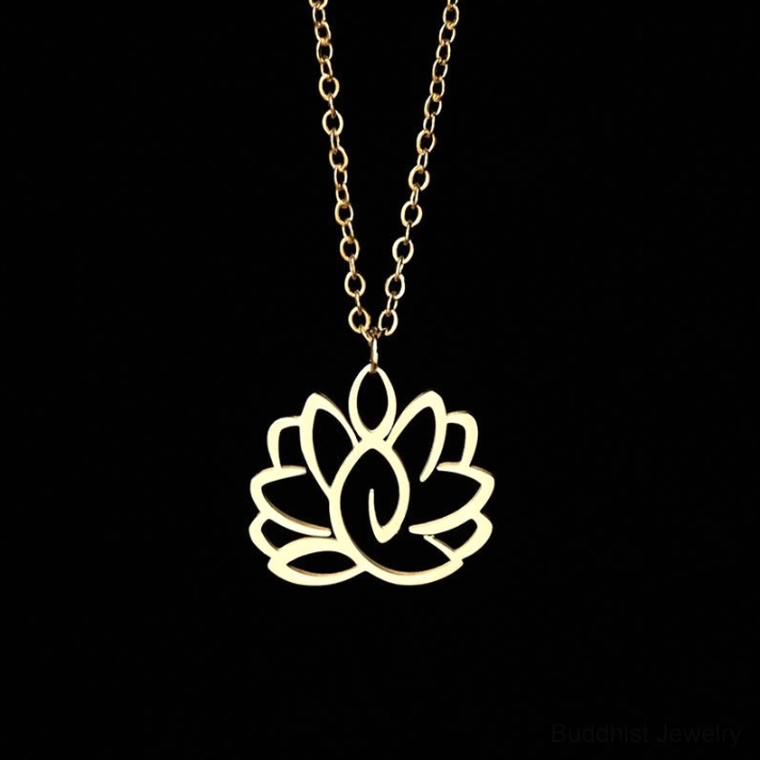 Gold-toned hollow lotus necklace front top-down view on solid black background, stainless steel gold lotus design