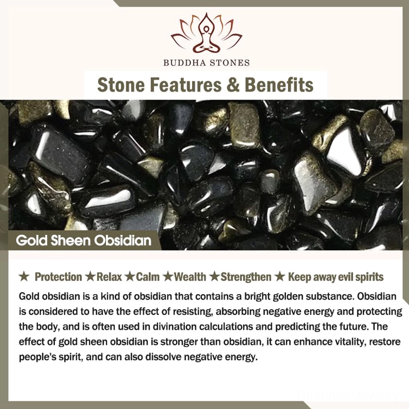 Gold sheen obsidian protective benefits infographic featuring protection, calm, wealth, and spiritual qualities