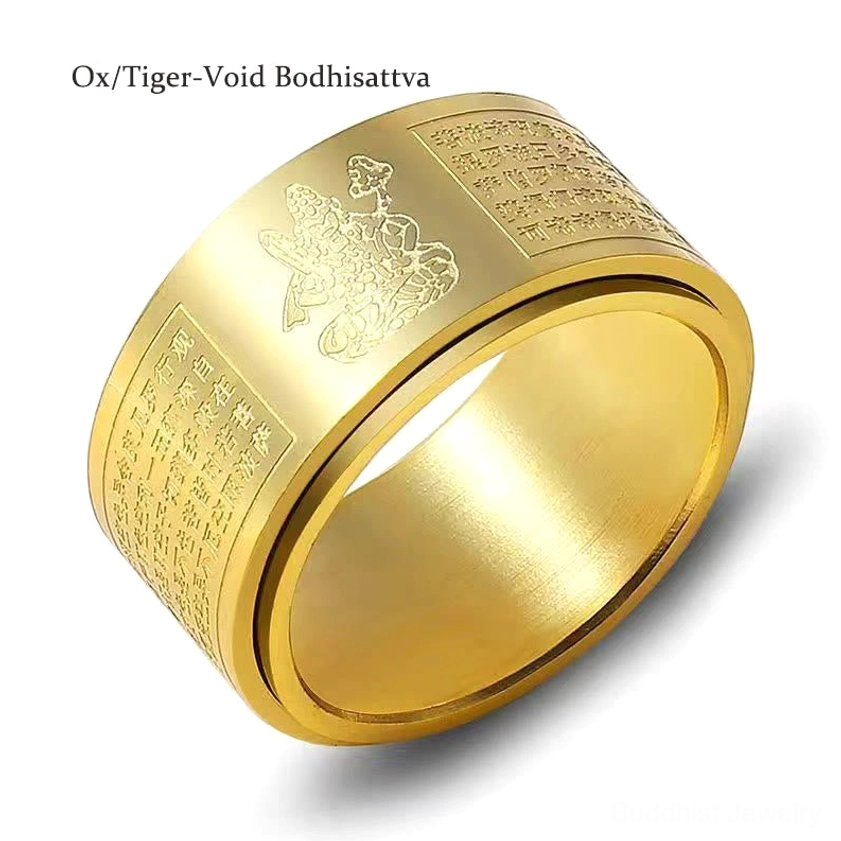 Gold ox tiger natal buddha ring with void bodhisattva sutra design