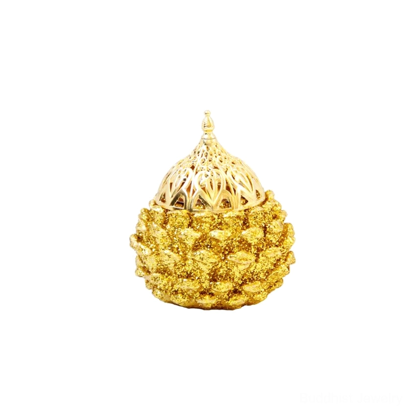 Gold pine cone incense burner's eco-friendly resin and zinc alloy construction with environmental consciousness