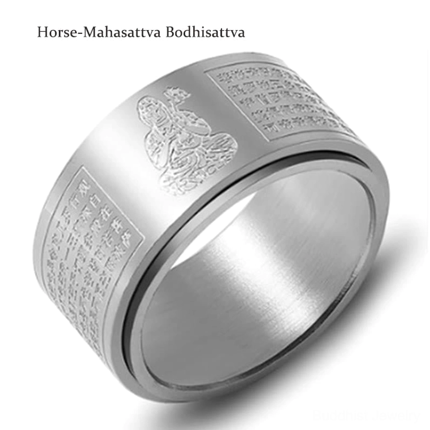 Gold rotating tibetan buddhist ring with heart sutra and bodhisattva