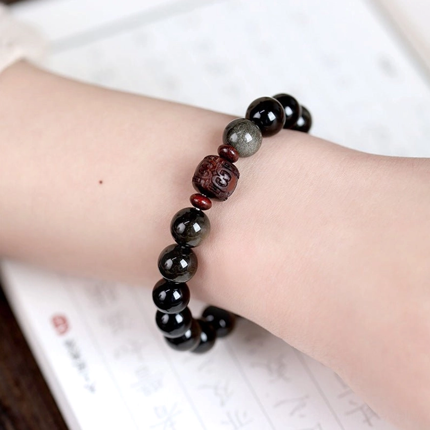 Gold Sheen Obsidian with Auspicious Clouds symbol bracelet, 10mm beads for prosperity and spiritual protection