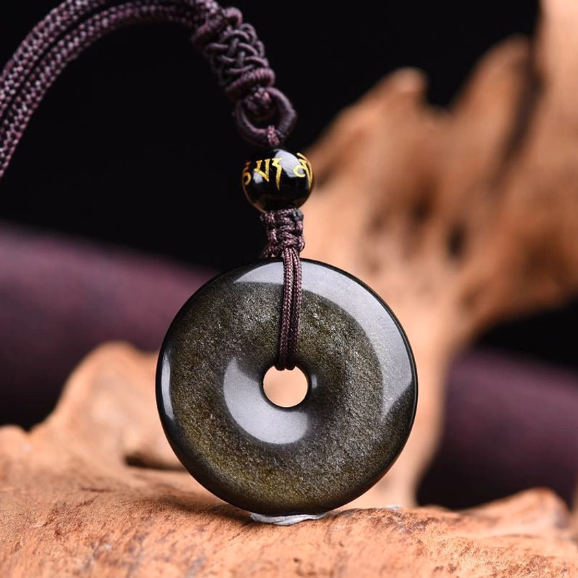 Gold sheen obsidian donut pendant necklace - golden speckled protective stone
