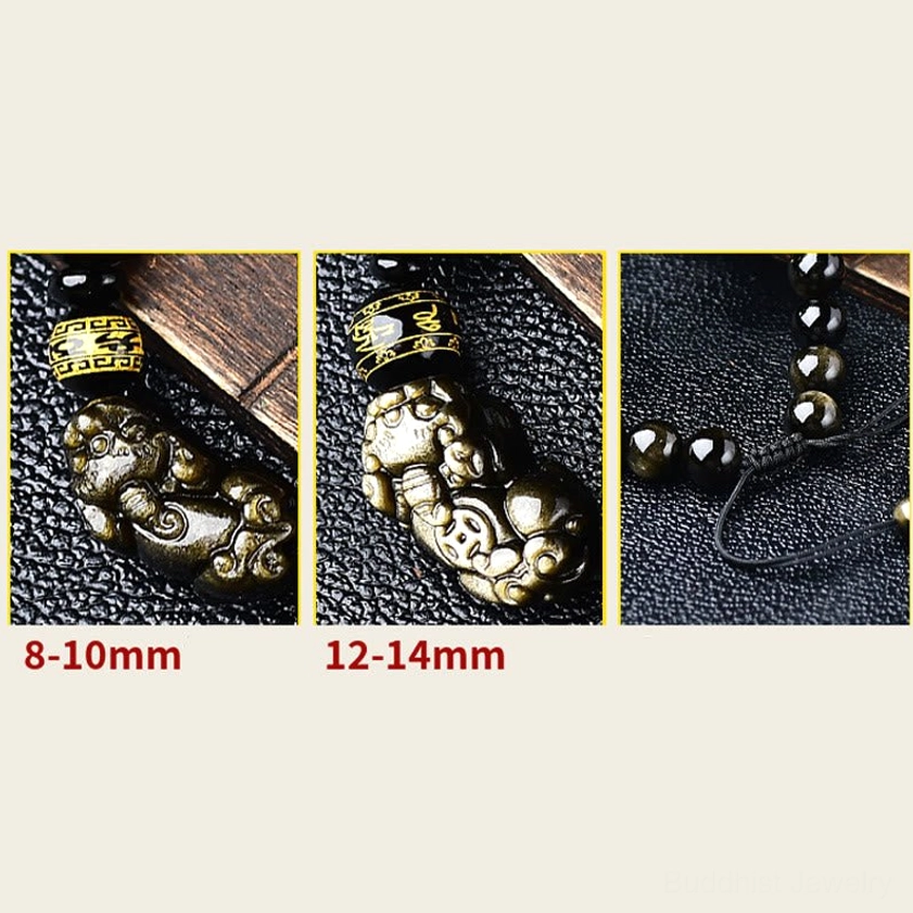 Top-down close-up of gold sheen obsidian Pixiu bracelet showing intricate charm details, bead textures, and glossy golden sheen