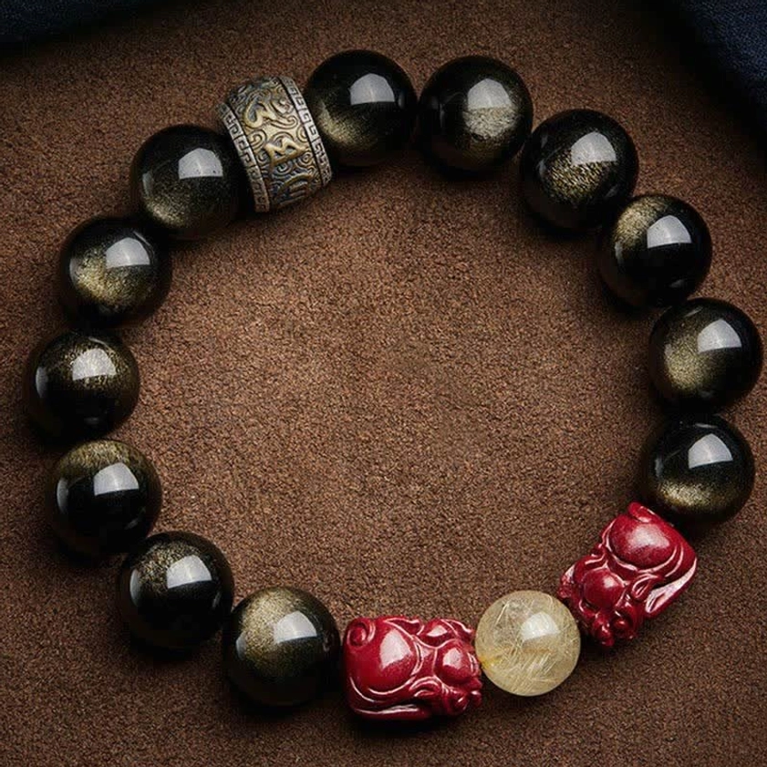 Gold sheen obsidian Buddhist bracelet for protection and prosperity with pixiu cinnabar