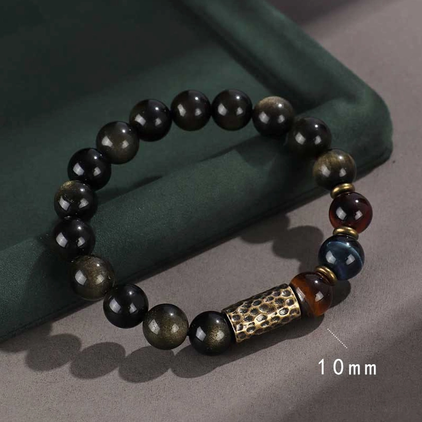 gold sheen obsidian tiger eye buddhist bracelet with silver accent beads wealth prosperity combination