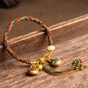 Gold Swallowing Beast family luck braided string bracelet with multi-color protective cord and enamel charms displayed on wooden surface