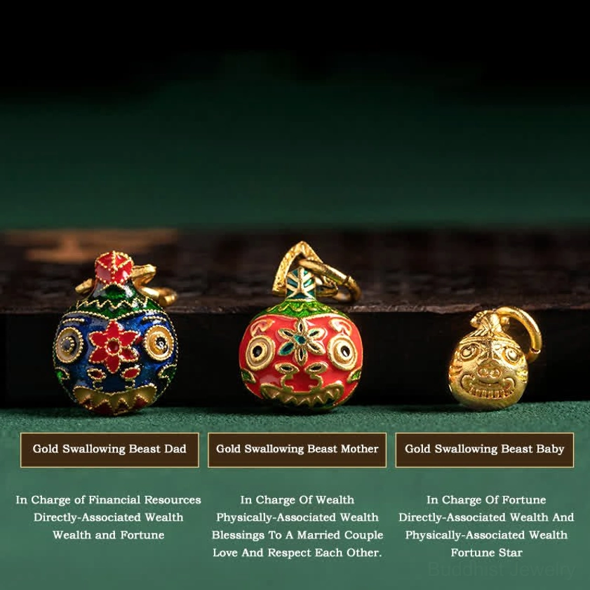 Gold Swallowing Beast family charms set with three distinct cloisonné designs for baby mother and father