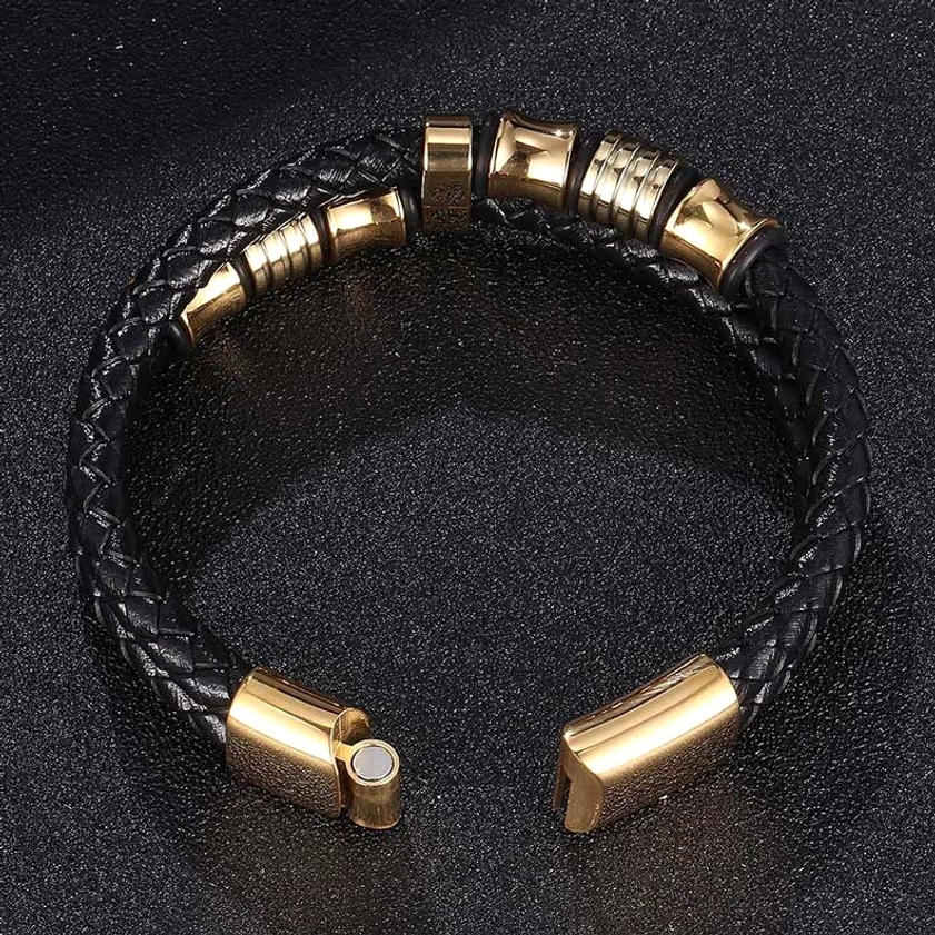 Gold tone titanium steel leather bracelet with decorative stainless steel bead accents