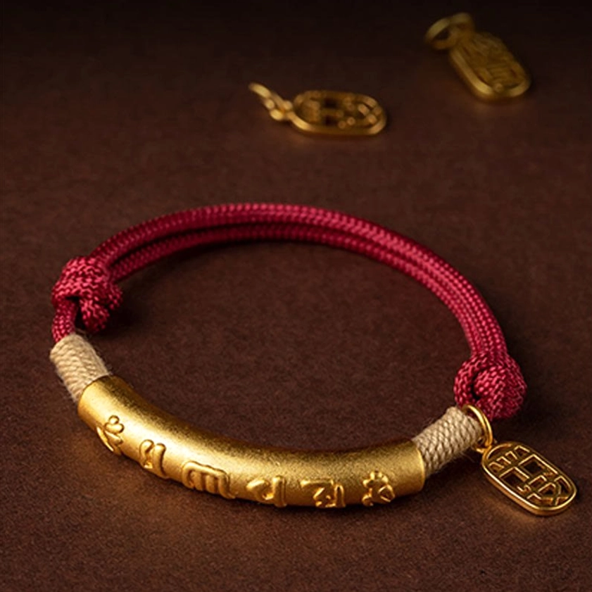 Gold-tone metal tube mantra bracelet with red woven cord handmade Buddhist jewelry
