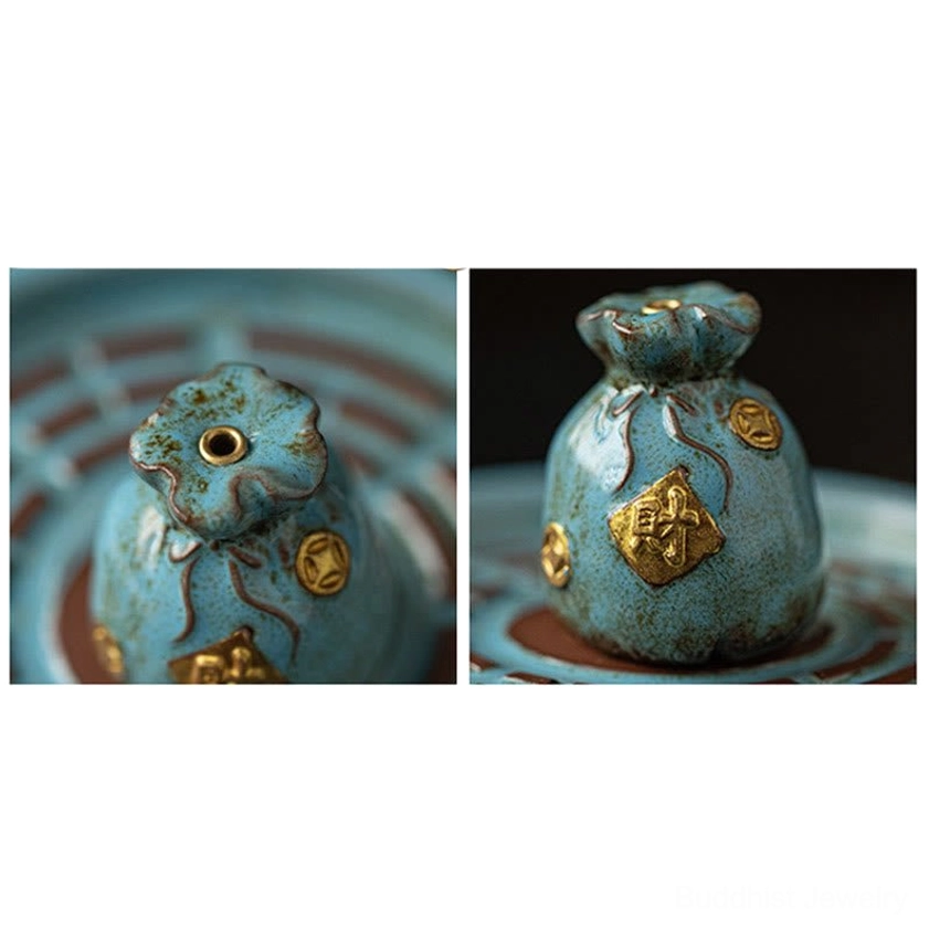 Bagua incense holder with gold treasure decorations representing Buddhist wealth and abundance symbolism